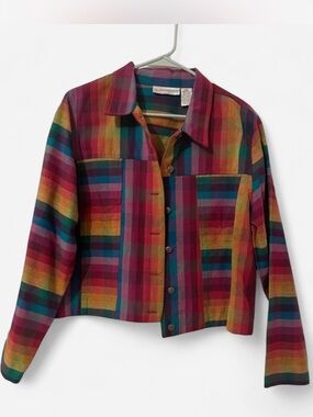 Vintage Colorful Plaid Button-Front Cotton Jacket - Multicolor